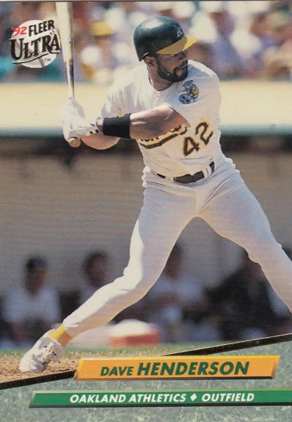 Baseball player in white Oakland Athletics uniform #42 in batting stance, Dave Henderson
