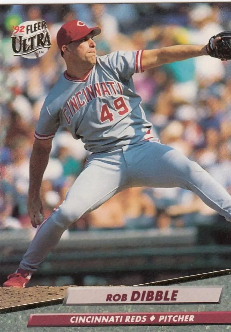 1992 Fleer Ultra Rob Dibble Baseball Card featuring Cincinnati Reds pitcher in mid-delivery