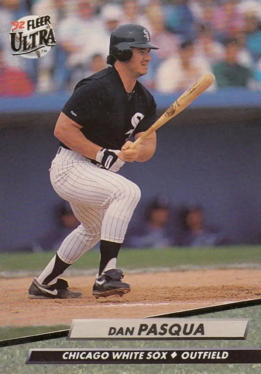 Chicago White Sox player Dan Pasqua in batting stance on 1992 Fleer Ultra baseball card