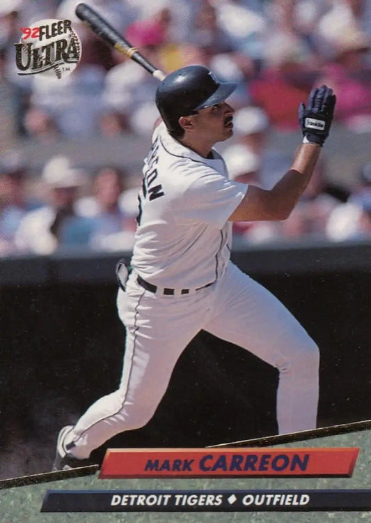 Mark Carreon swinging a bat in Detroit Tigers uniform on 1992 Fleer Ultra card