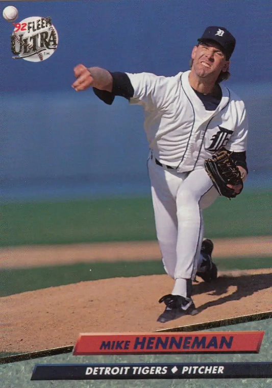 Detroit Tigers pitcher Mike Henneman throwing from the mound on a baseball card