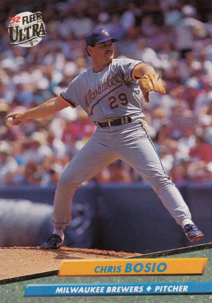 Chris Bosio mid-delivery in gray uniform on 1992 Milwaukee Brewers baseball card