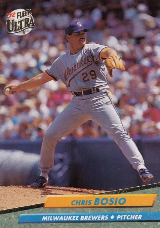 Chris Bosio mid-delivery in gray uniform on 1992 Milwaukee Brewers baseball card