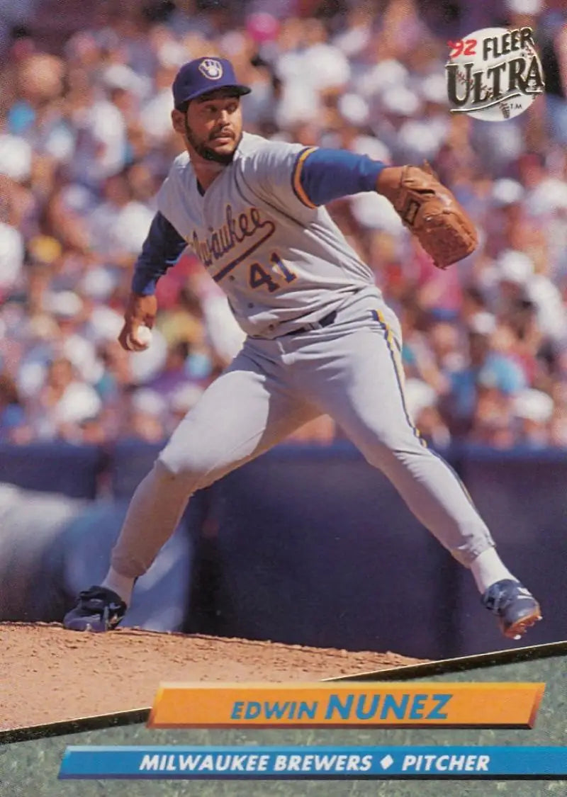 Baseball pitcher Edwin Nunez in Milwaukee Brewers uniform delivering from the mound