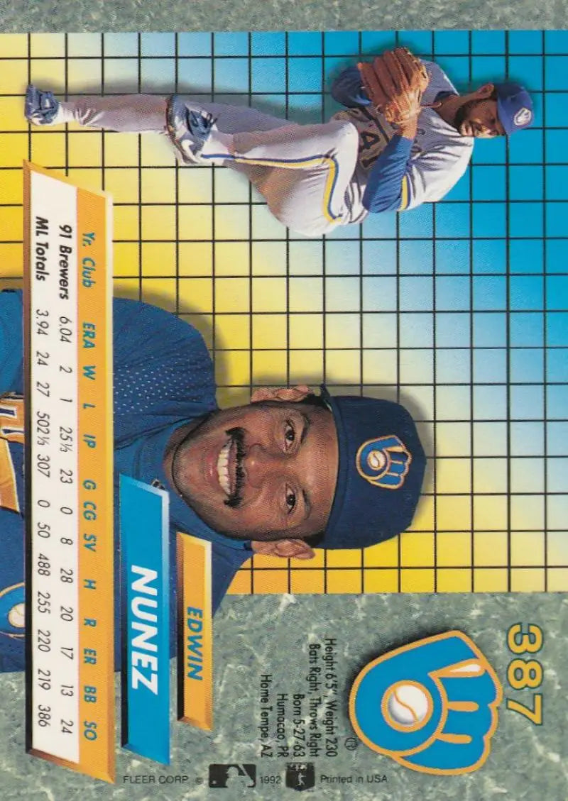 Baseball trading card of Edwin Nunez, Milwaukee Brewers, in Fleer Ultra design