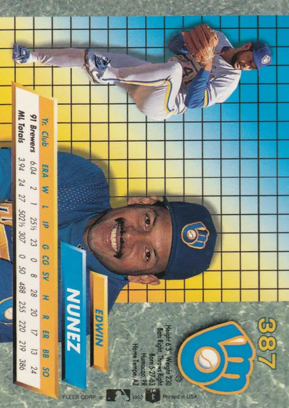 Baseball trading card of Edwin Nunez, Milwaukee Brewers, in Fleer Ultra design