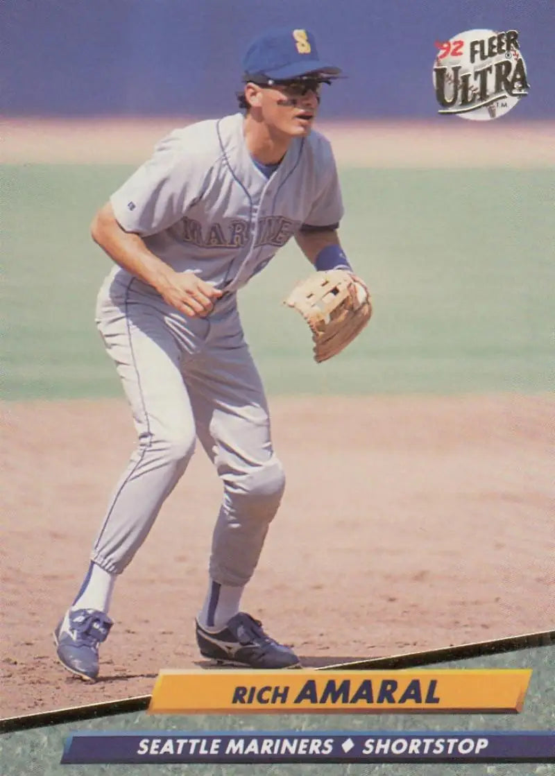Rich Amaral Seattle Mariners baseball card in fielding stance with gray uniform
