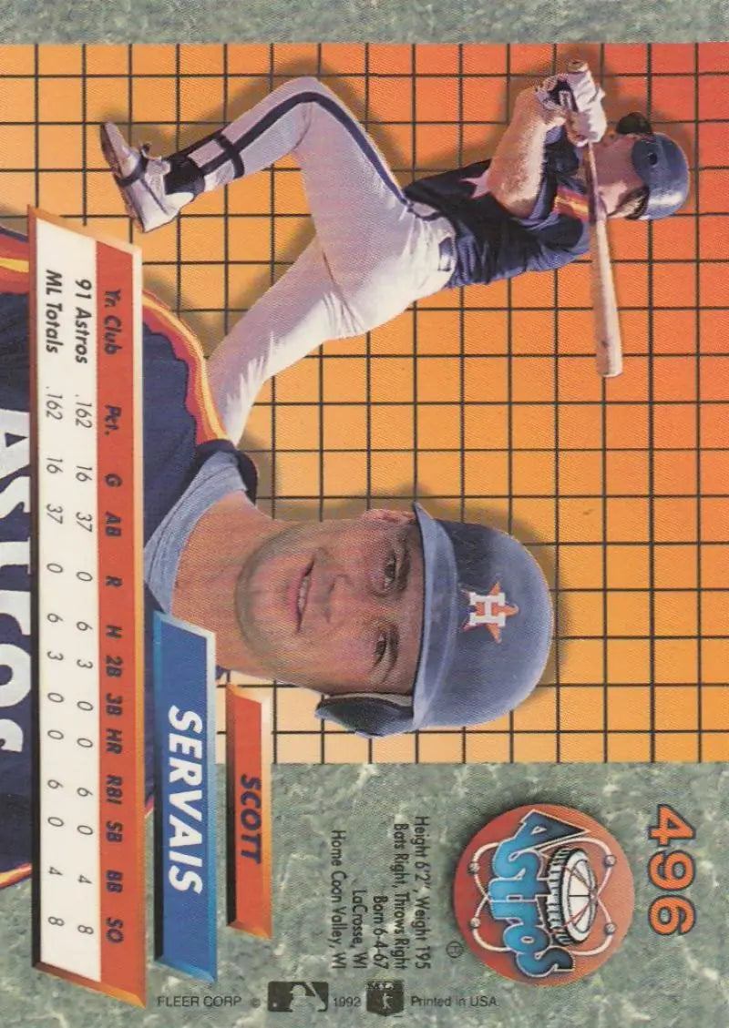 1992 Fleer Ultra #496 Scott Servais Houston Astros baseball card with orange background
