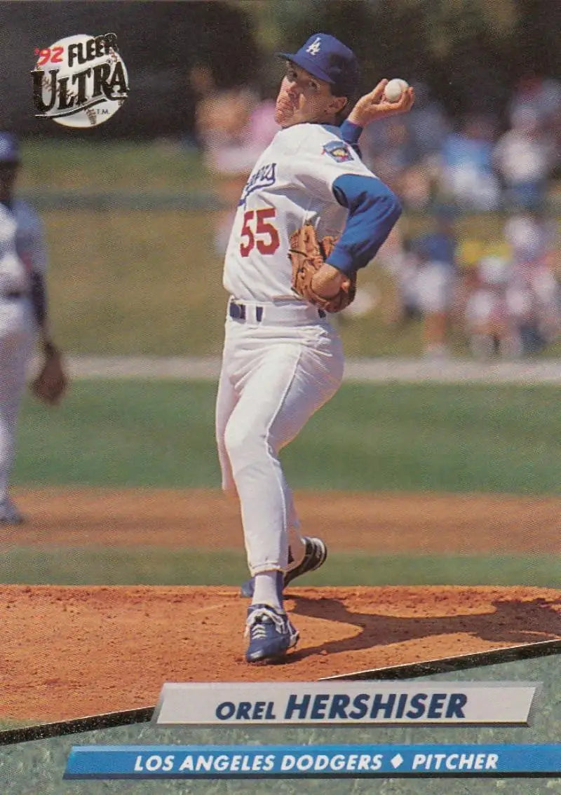 Orel Hershiser in Los Angeles Dodgers uniform mid-delivery on 1992 Fleer Ultra baseball card