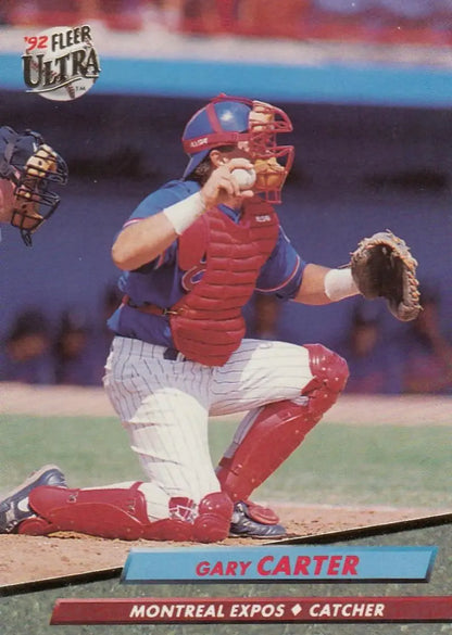 Gary Carter crouching in red and white gear on a Montreal Expos baseball card