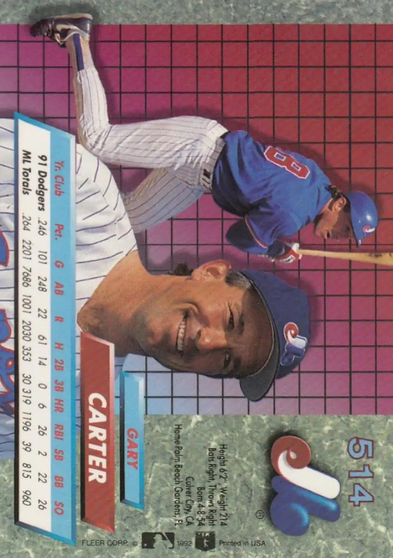 Baseball card of Gary Carter in pinstriped uniform for Montreal Expos fans