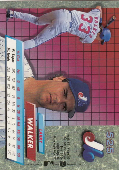 Larry Walker Montreal Expos Baseball Card displaying jersey number 33 from 1992 Fleer Ultra