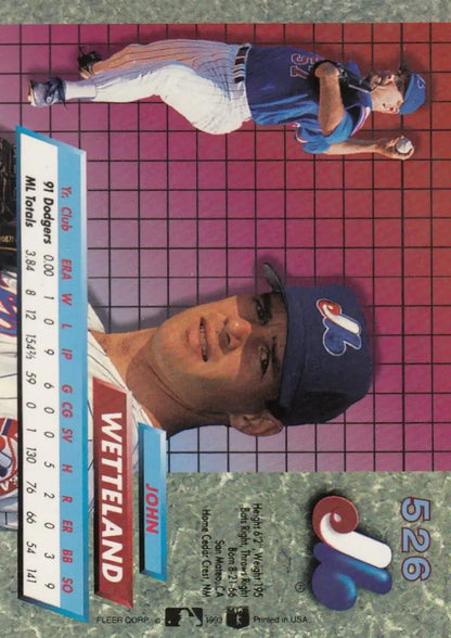 1992 Fleer Ultra #526 John Wetteland Montreal Expos Baseball Card front view