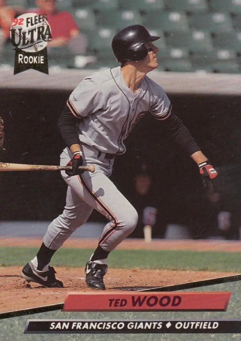 Baseball card of Ted Wood in gray San Francisco Giants uniform at bat