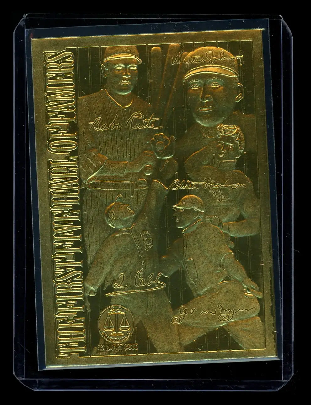 Gold card featuring five Hall of Fame players including Ruth and Mathewson