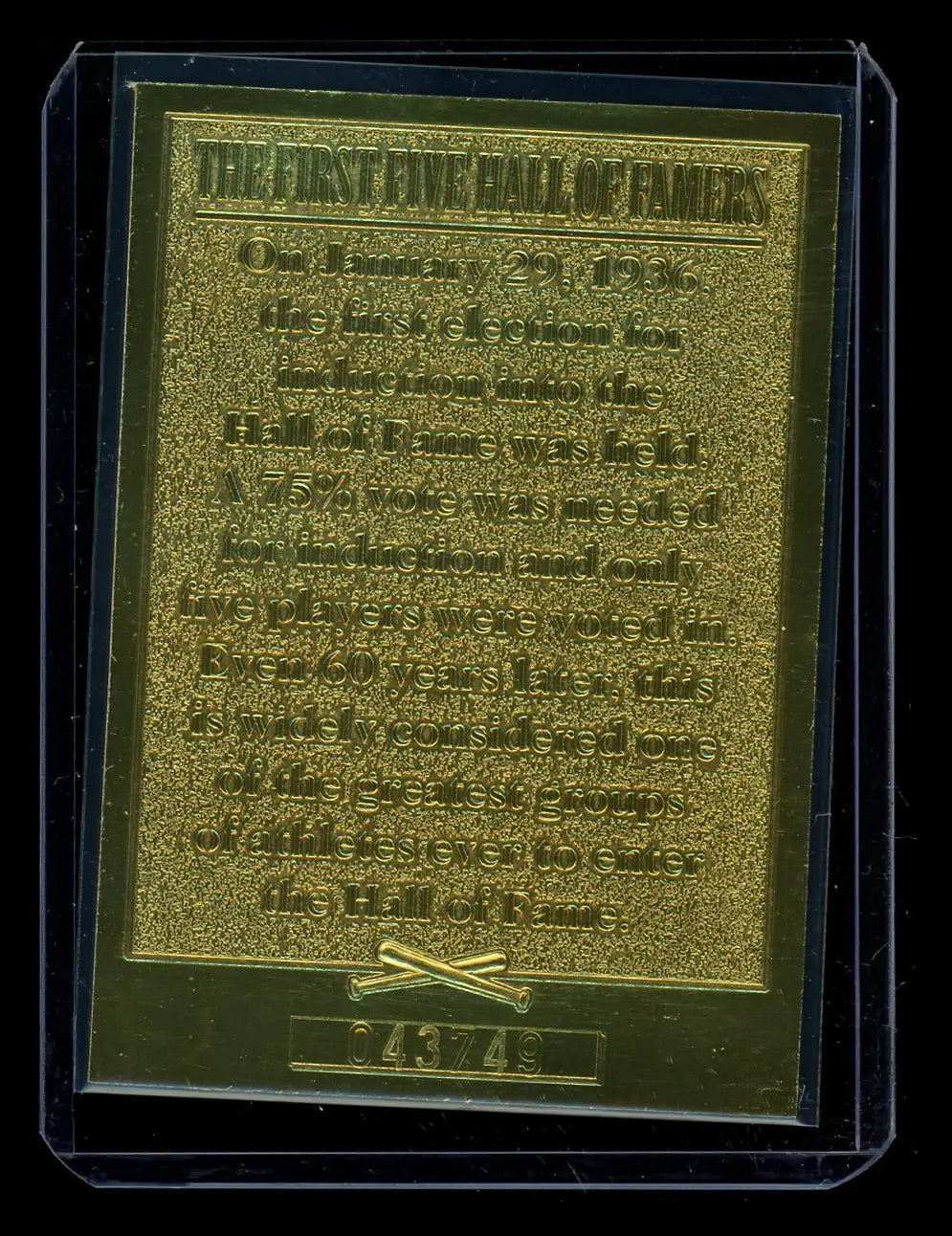 Gold card featuring the five Hall of Famers including Mathewson Ruth Cobb Johnson Wagner