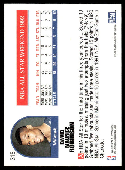 1992 Hoops #315 David Robinson Basketball Card featuring San Antonio Spurs design elements