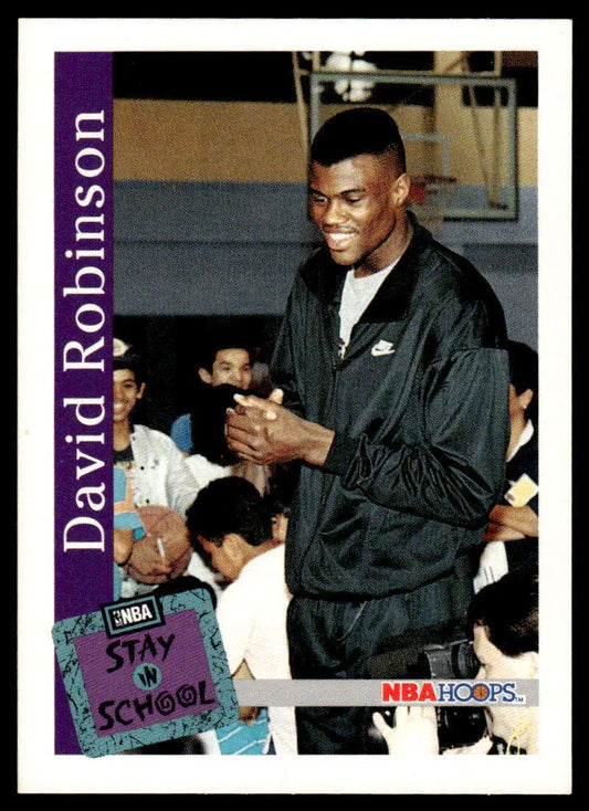 David Robinson NBA trading card from 1992 Hoops Stay in School series featuring San Antonio Spurs