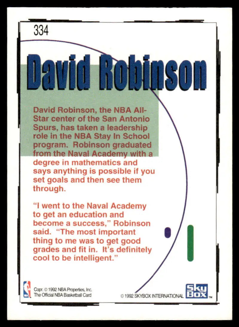 Basketball trading card of David Robinson showcasing San Antonio Spurs education and intelligence