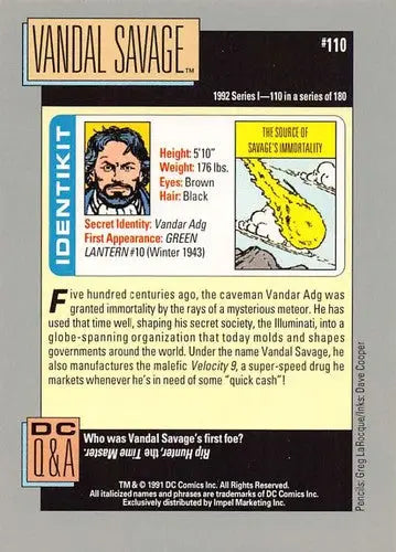 Original gloss collectible trading card featuring Vandal Savage from Impel DC Comics Cosmic series