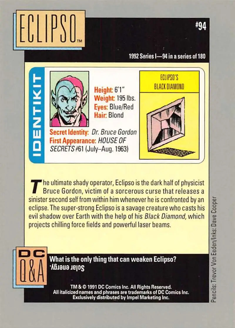 Original gloss collectible trading card of Eclipso from Impel DC Comics Cosmic series