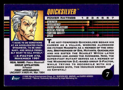 Collectible Marvel Universe Quicksilver card from 1992 Impel Marvel Universe series