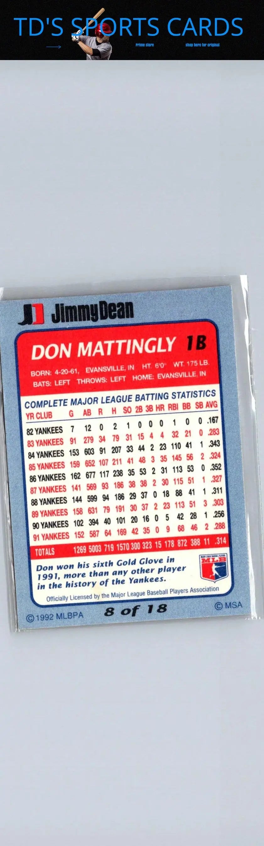 1992 Jimmy Dean Don Mattingly baseball card featuring Don Mattingly in collectible condition