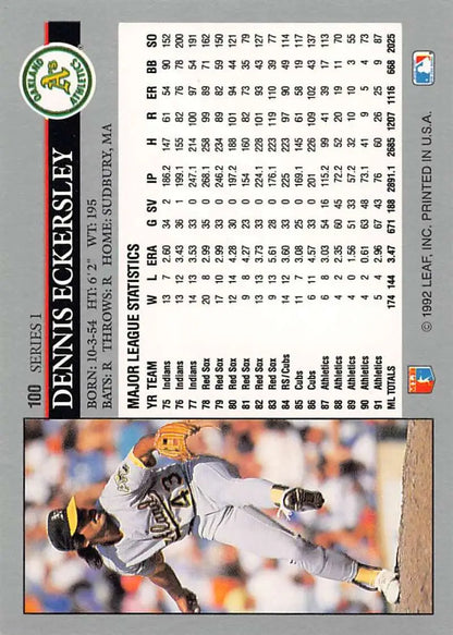 Baseball card of Dennis Eckersley pitching for Oakland Athletics in mid-delivery motion