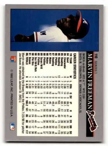 Baseball card back of 1992 Leaf Marvin Freeman Atlanta Braves with original gloss