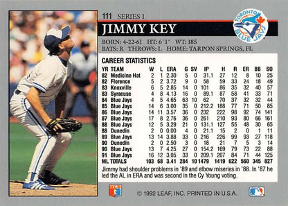 Blue Jays pitcher Jimmy Key in delivery, featured on 1992 Leaf baseball card