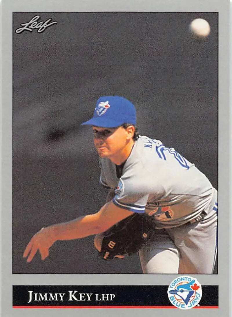 Baseball card of Jimmy Key pitching for the Toronto Blue Jays in 1992 Leaf design