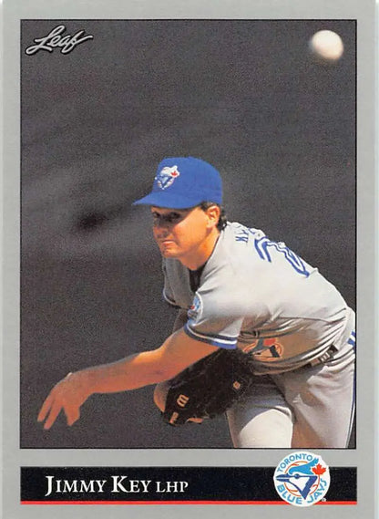 Baseball card of Jimmy Key pitching for the Toronto Blue Jays in 1992 Leaf design