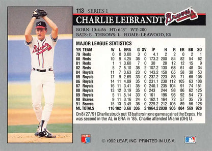 Baseball card of Charlie Leibrandt pitching for the Atlanta Braves in mid-delivery