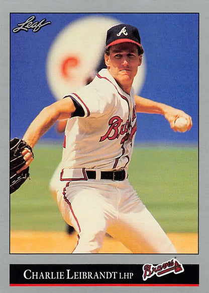 Baseball player Charlie Leibrandt pitching in Atlanta Braves uniform on baseball card