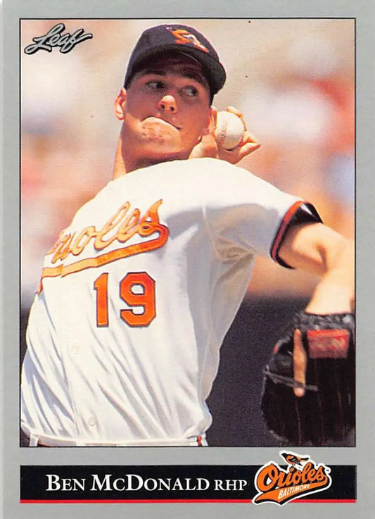 Ben McDonald Baltimore Orioles baseball card featuring pitcher in mid-throwing motion
