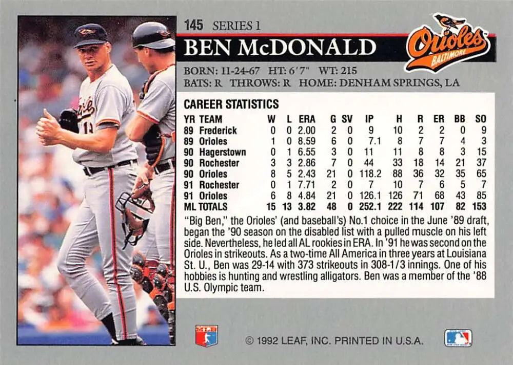 Baseball card of Ben McDonald in pitching stance for Baltimore Orioles Baseball
