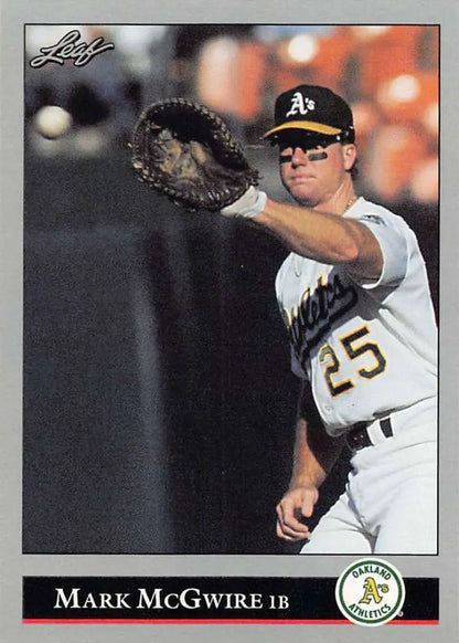 Baseball card of Mark McGwire, Oakland Athletics first baseman number 25 in white uniform