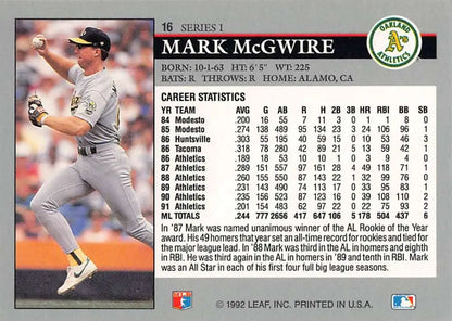 Baseball card featuring Mark McGwire’s statistics for the Oakland Athletics, 1992
