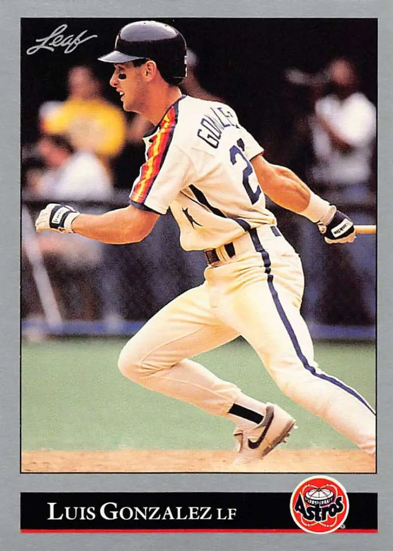 Baseball card of Luis Gonzalez in cream Houston Astros uniform batting left-handed