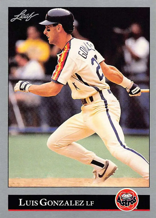 Baseball card of Luis Gonzalez in cream Houston Astros uniform batting left-handed