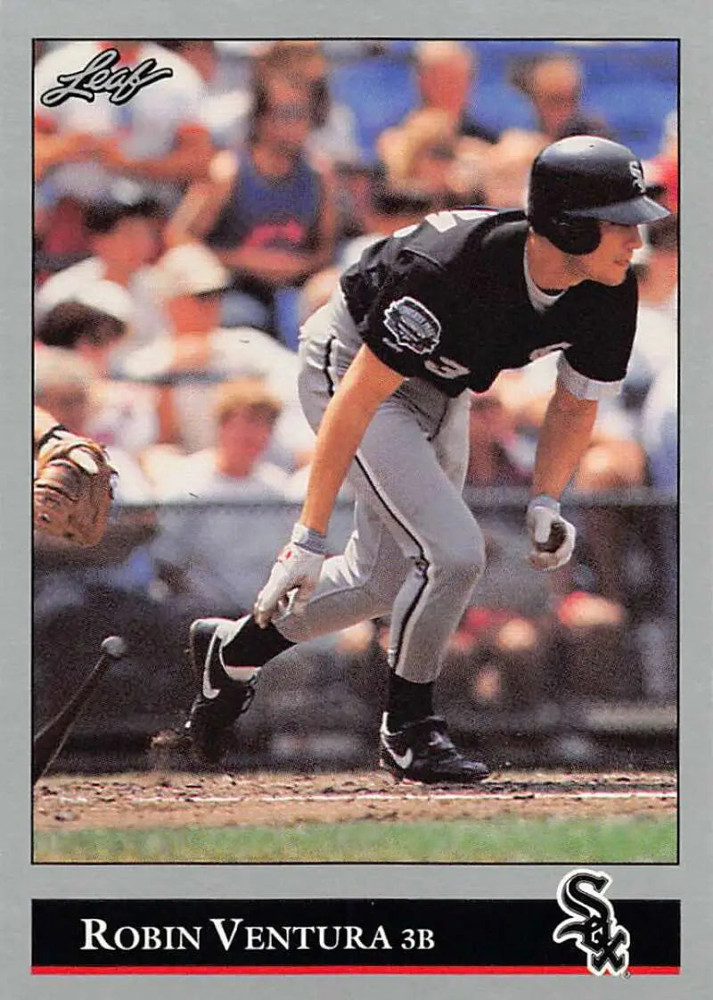 Chicago White Sox player Robin Ventura swinging a bat on a baseball card