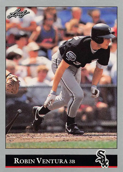 Chicago White Sox player Robin Ventura swinging a bat on a baseball card