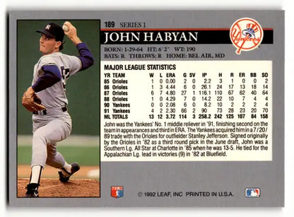 1992 Leaf #189 John Habyan EX/NM Yankees ID:60446 - Trading Cards