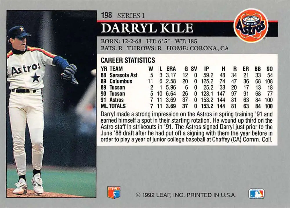 Baseball card of Darryl Kile in Houston Astros uniform with navy cap