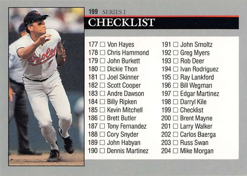 Cal Ripken Jr. in mid-pitching motion wearing Orioles uniform on baseball card