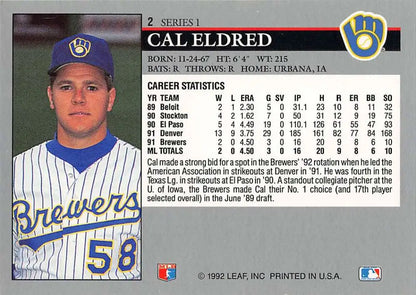 Cal Eldred Milwaukee Brewers baseball card featuring jersey number 58, 1992 Leaf #2