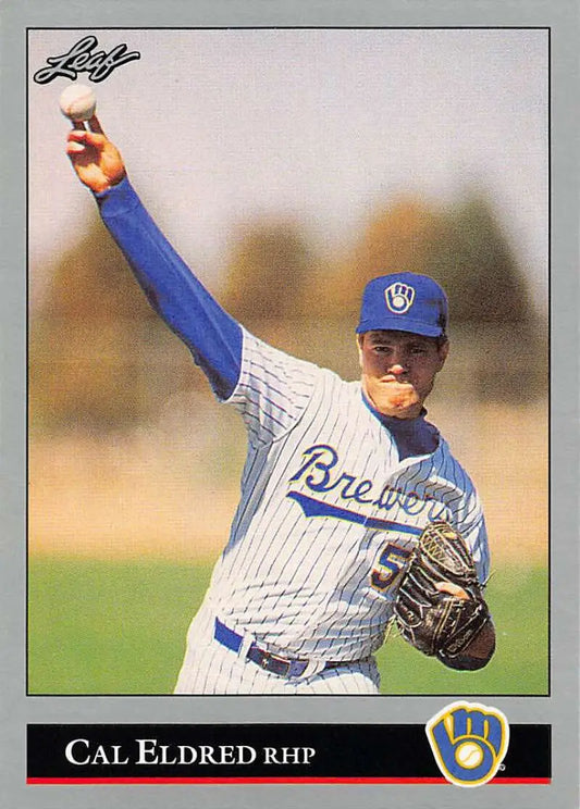 Cal Eldred in Milwaukee Brewers pinstriped uniform pitching baseball card image