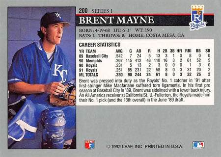 Baseball card of Kansas City Royals player Brent Mayne in navy blue uniform