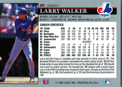 Baseball card of Larry Walker batting in blue uniform for Montreal Expos