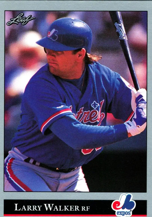 Larry Walker at bat on a Montreal Expos baseball card from the 1992 Leaf set